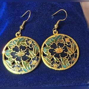 VTG 70s Mod Elegant Cloisonne Enamel Floral Gold And Blue Dangle Boho Earrings